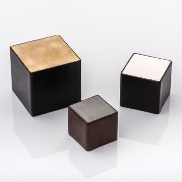 Cube & leather solid brass cabinet pull with hand stitched leather