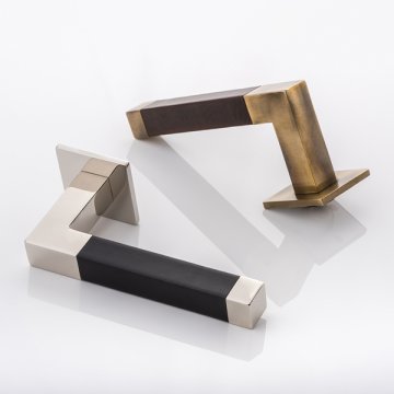 Cube solid brass door lever handle with hand stitched leather & square rose