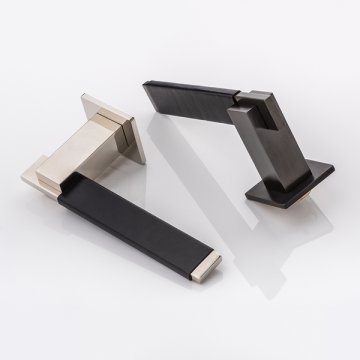 Holmes solid brass door lever handle with hand stitched leather & square rose