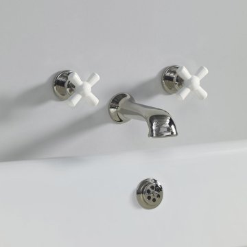 Rockwell wall wounted bath mixer with 210mm cast spout & metal/coloured crosshead taps