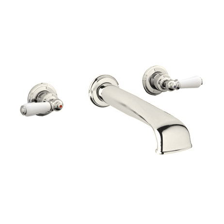 Wall-mounted basin mixer with low spout & white porcelain lever taps