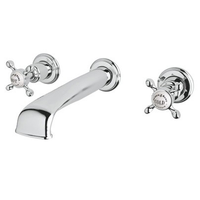 Wall-mounted basin mixer with low spout & crosshead taps
