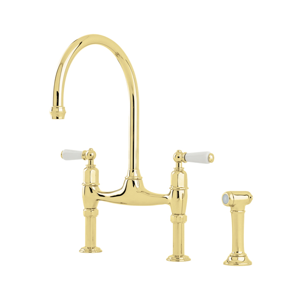 Ionian 2 hole bench mounted sink mixer with straight legs, porcelain lever taps & spray rinse