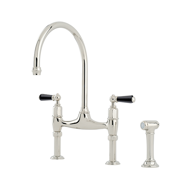 Ionian 2 hole bench mounted sink mixer with straight legs, porcelain lever taps & spray rinse