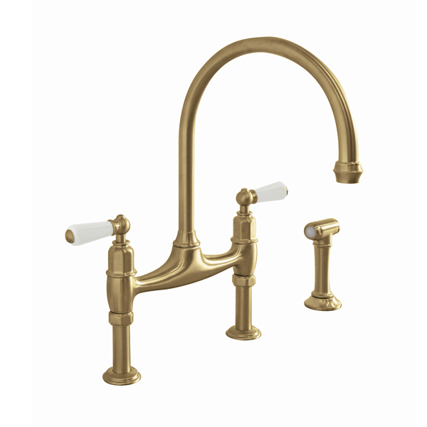 Ionian 2 hole bench mounted sink mixer with straight legs, porcelain lever taps & spray rinse