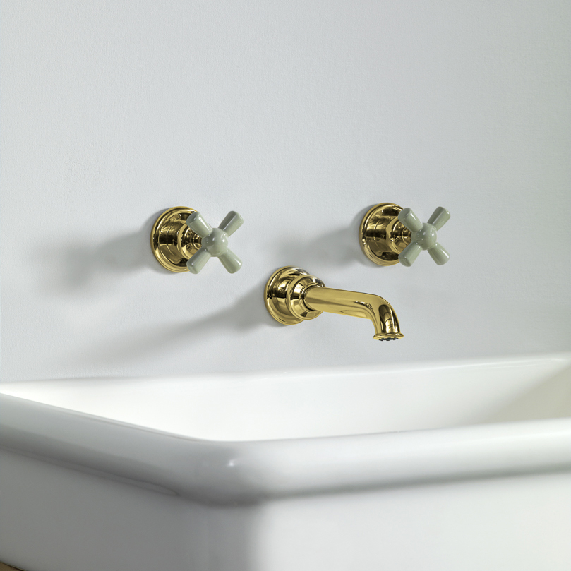 Rockwell wall-mounted basin mixer with 130mm tubular spout & metal/coloured crosshead taps