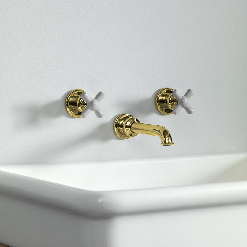 Rockwell wall-mounted basin mixer with 130mm tubular spout & metal/coloured crosshead taps