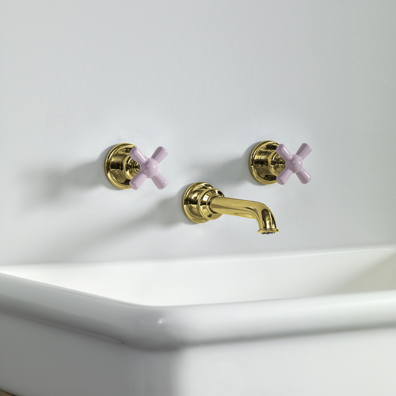 Rockwell wall-mounted basin mixer with 130mm tubular spout & metal/coloured crosshead taps
