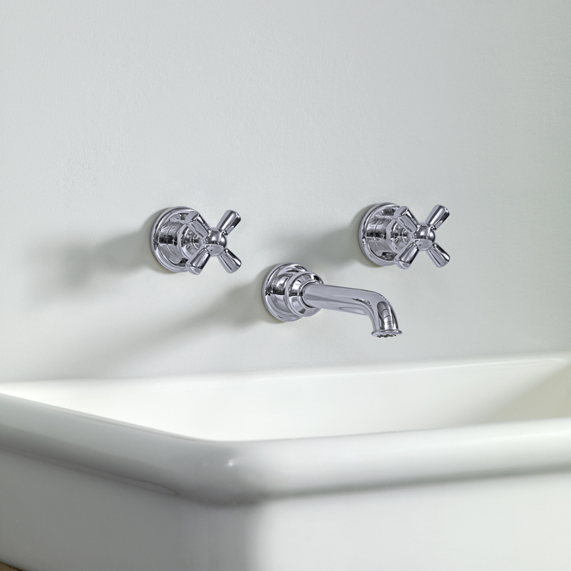 Rockwell wall-mounted basin mixer with 165mm tubular spout & metal/coloured crosshead taps