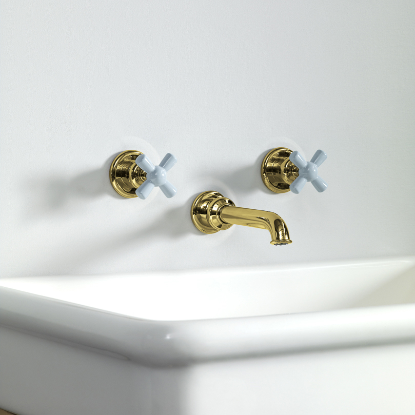 Rockwell wall-mounted basin mixer with 200mm tubular spout & metal/coloured crosshead taps