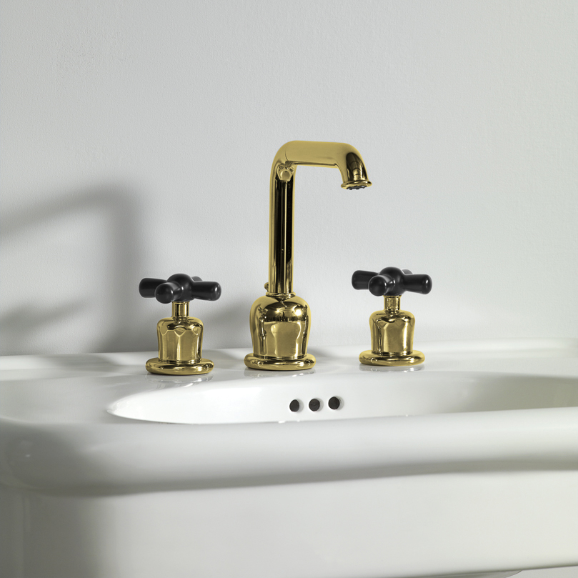 Rockwell 3 hole basin mixer with high spout & metal/coloured crosshead taps