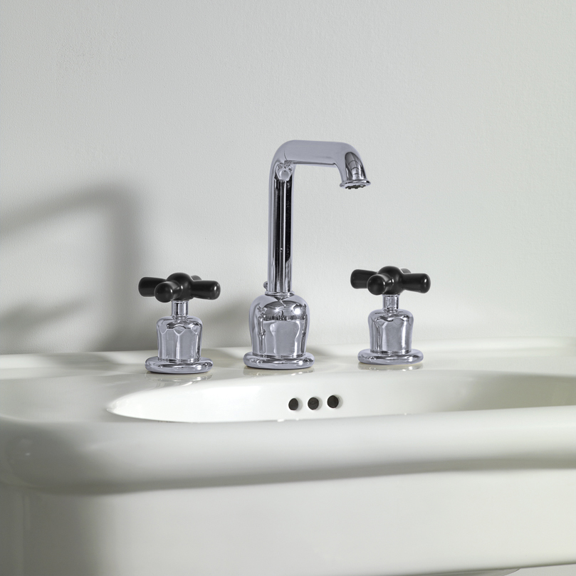 Rockwell 3 hole basin mixer with high spout & metal/coloured crosshead taps