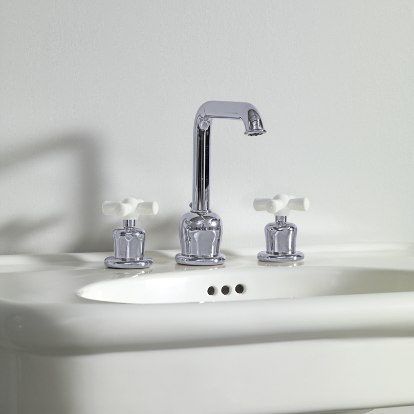 Rockwell 3 hole basin mixer with high spout & metal/coloured crosshead taps