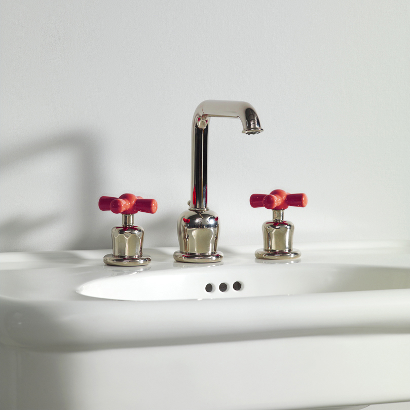 Rockwell 3 hole basin mixer with high spout & metal/coloured crosshead taps