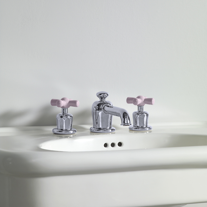 Rockwell 3 hole basin mixer with low spout & metal/coloured crosshead taps