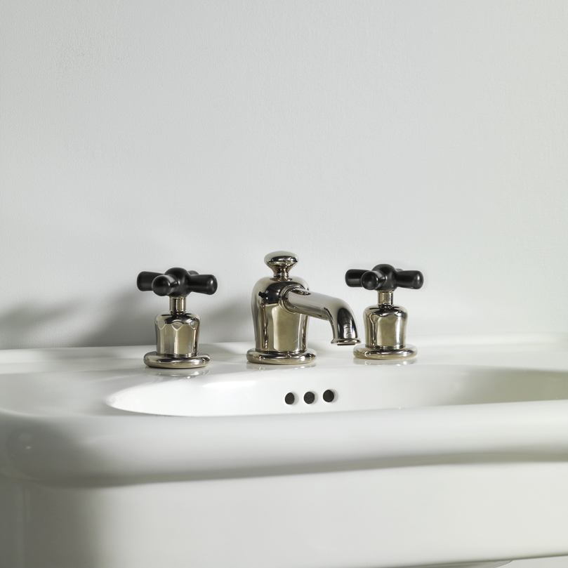 Rockwell 3 hole basin mixer with low spout & metal/coloured crosshead taps