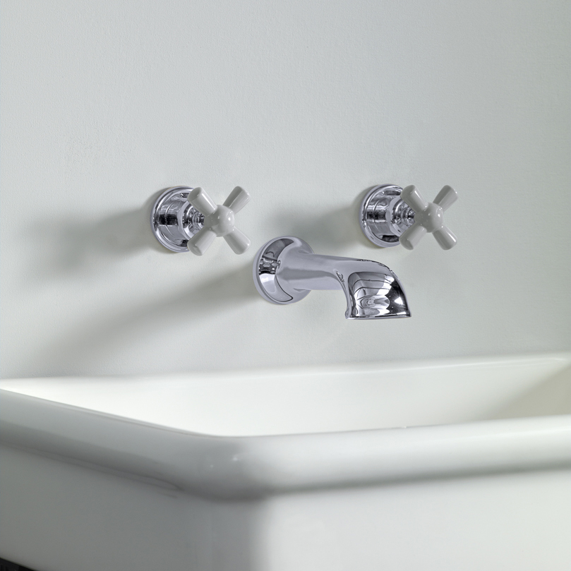 Rockwell wall-mounted basin mixer with 190mm cast spout & metal/coloured crosshead taps