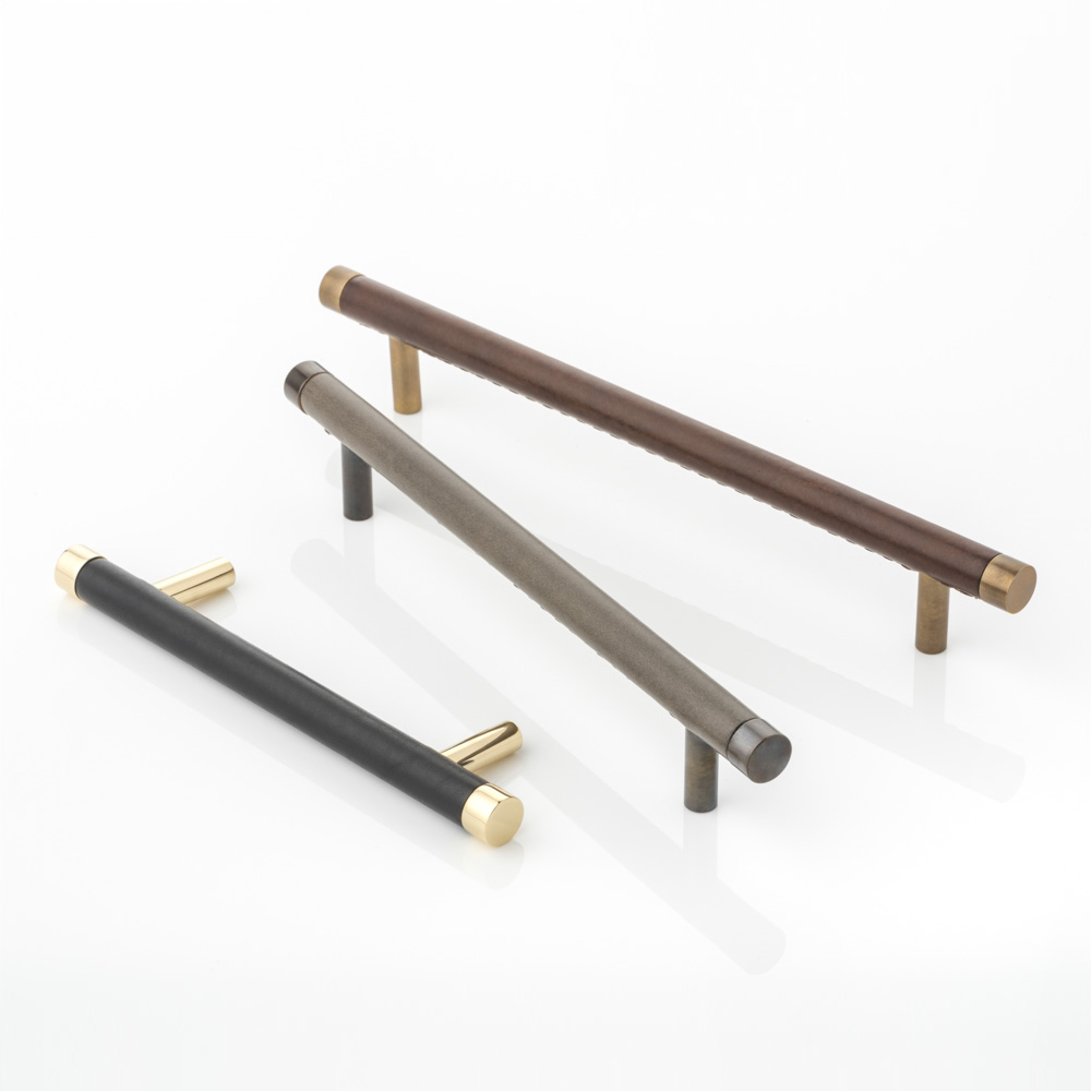 Thurloe solid brass cabinet handle with hand stitched leather