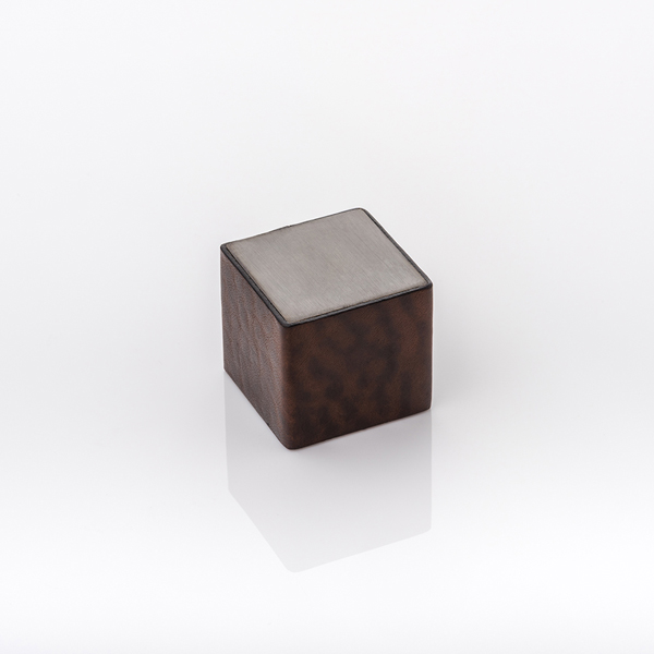 Cube & leather solid brass cabinet pull with hand stitched leather