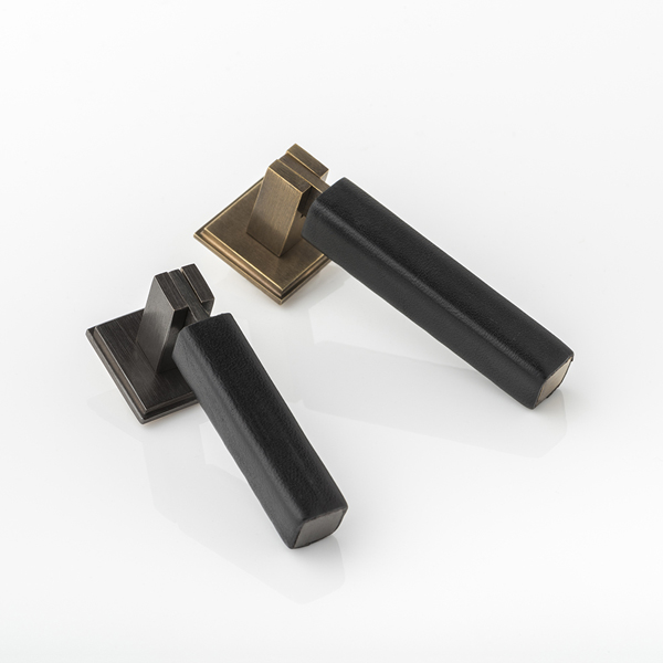 Cube & leather drop solid brass swing cabinet pull with hand stitched leather