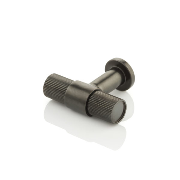 Montgomery T-bar cabinet pull with linear knurl on round rose