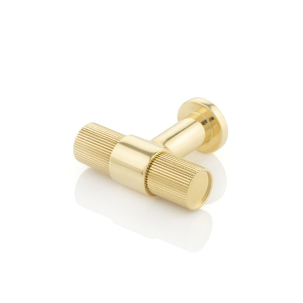 Montgomery T-bar cabinet pull with linear knurl on round rose