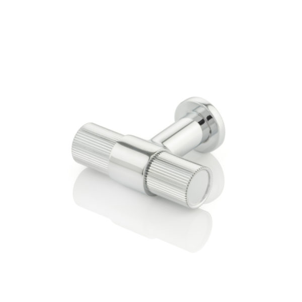 Montgomery T-bar cabinet pull with linear knurl on round rose