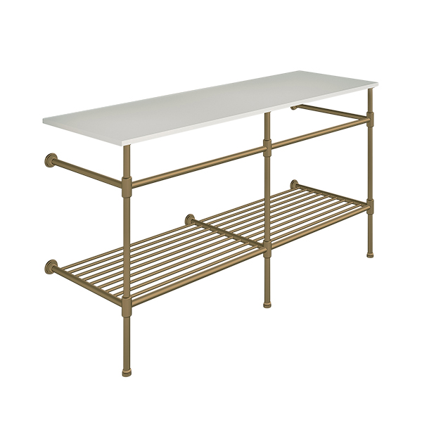 Contemporary 3 leg double basin stand for benchtop. Stepped feet & shelf. W1500 x D540 x H880