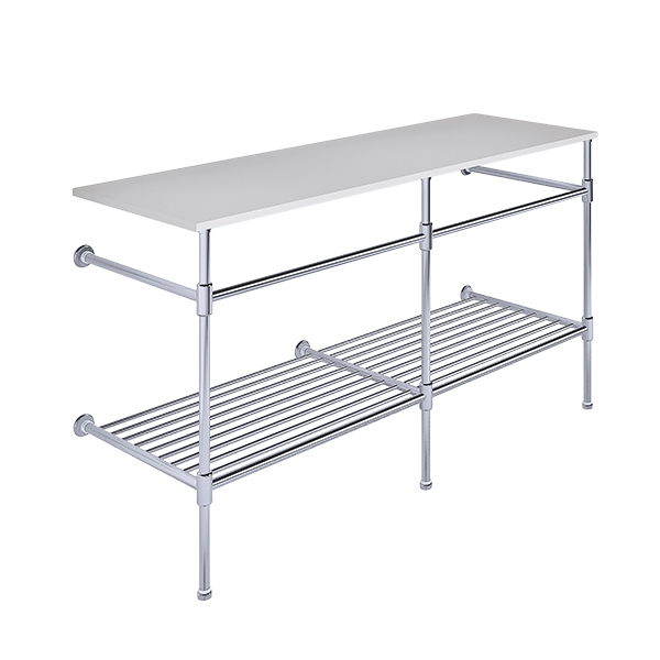Contemporary 3 leg double basin stand for benchtop. Stepped feet & shelf. W1500 x D540 x H880