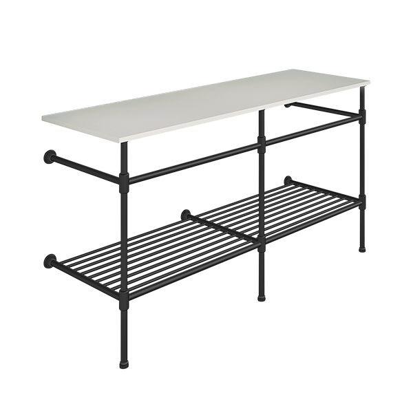 Contemporary 3 leg double basin stand for benchtop. Stepped feet & shelf. W1500 x D540 x H880