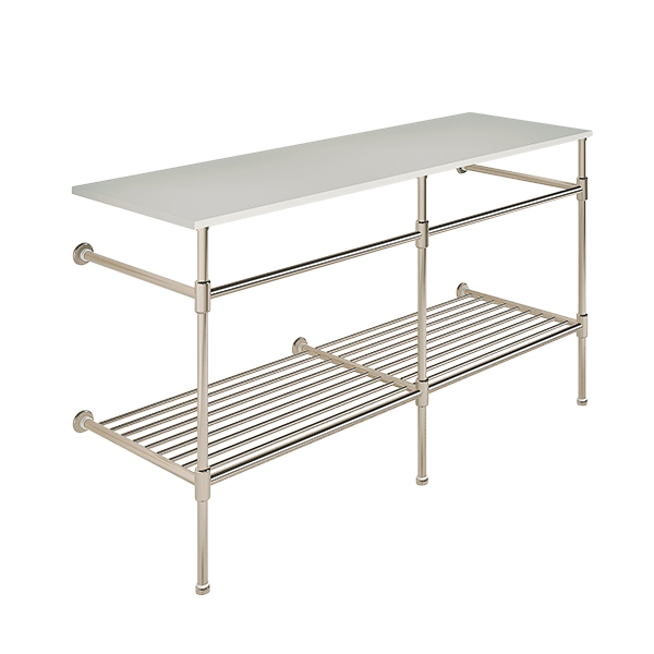 Contemporary 3 leg double basin stand for benchtop. Stepped feet & shelf. W1500 x D540 x H880