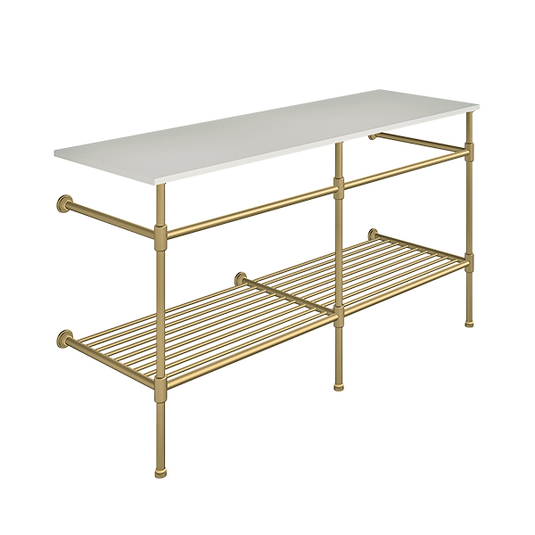 Contemporary 3 leg double basin stand for benchtop. Stepped feet & shelf. W1500 x D540 x H880