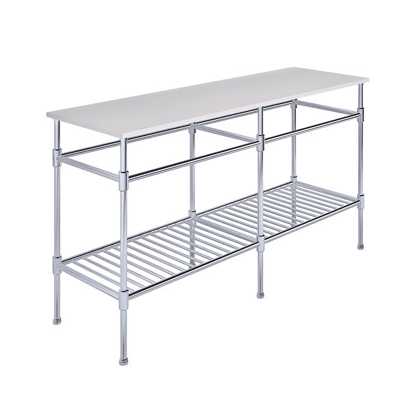 Contemporary 6 leg double freestanding basin stand for benchtop. Stepped feet & shelf. W1500 x D480 x H880