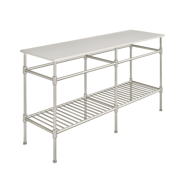 Contemporary 6 leg double freestanding basin stand for benchtop. Stepped feet & shelf. W1500 x D480 x H880