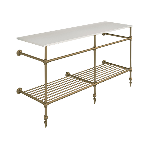 Ornate 3 leg double basin stand for benchtop. Pointed feet & shelf. W1500 x D540 x H880
