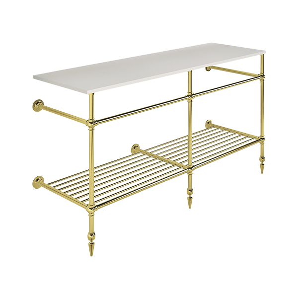 Ornate 3 leg double basin stand for benchtop. Pointed feet & shelf. W1500 x D540 x H880