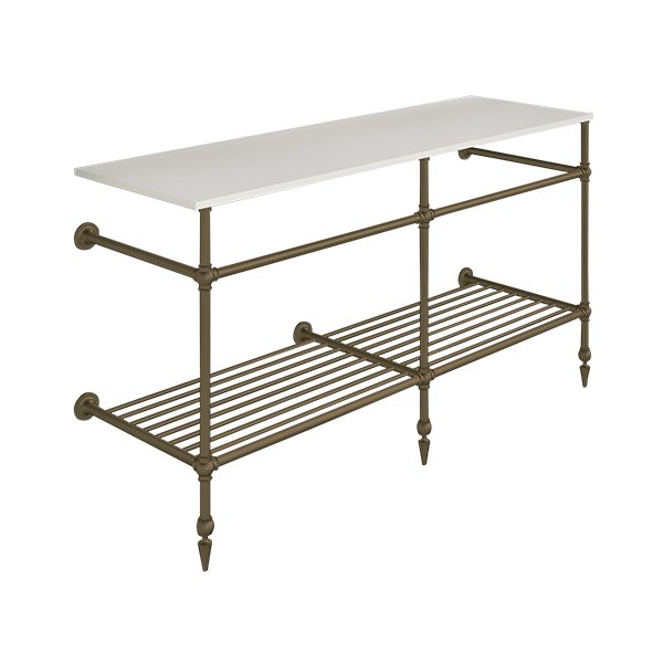 Ornate 3 leg double basin stand for benchtop. Pointed feet & shelf. W1500 x D540 x H880