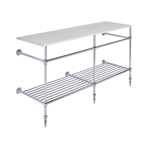 Ornate 3 leg double basin stand for benchtop. Pointed feet & shelf. W1500 x D540 x H880