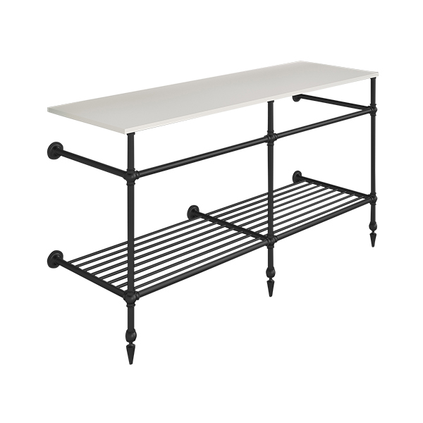 Ornate 3 leg double basin stand for benchtop. Pointed feet & shelf. W1500 x D540 x H880