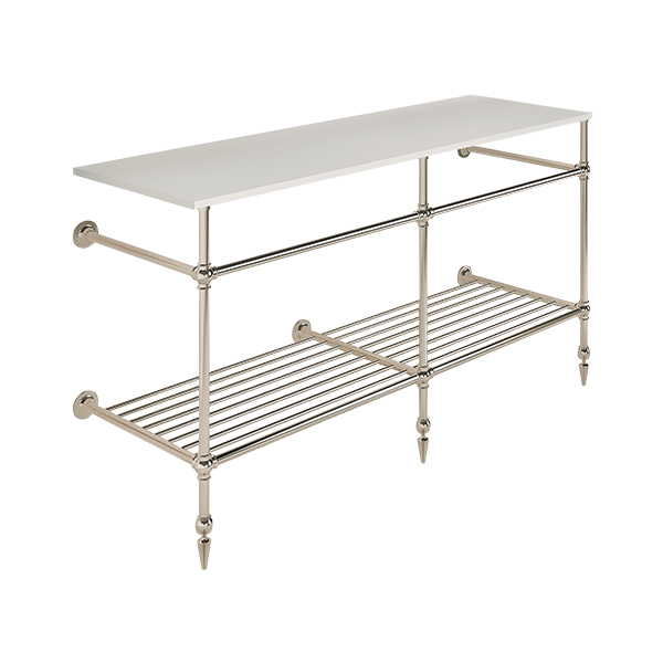 Ornate 3 leg double basin stand for benchtop. Pointed feet & shelf. W1500 x D540 x H880