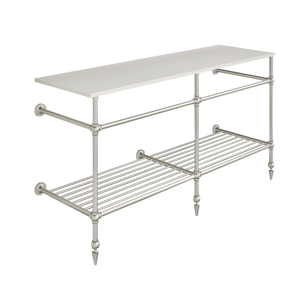 Ornate 3 leg double basin stand for benchtop. Pointed feet & shelf. W1500 x D540 x H880