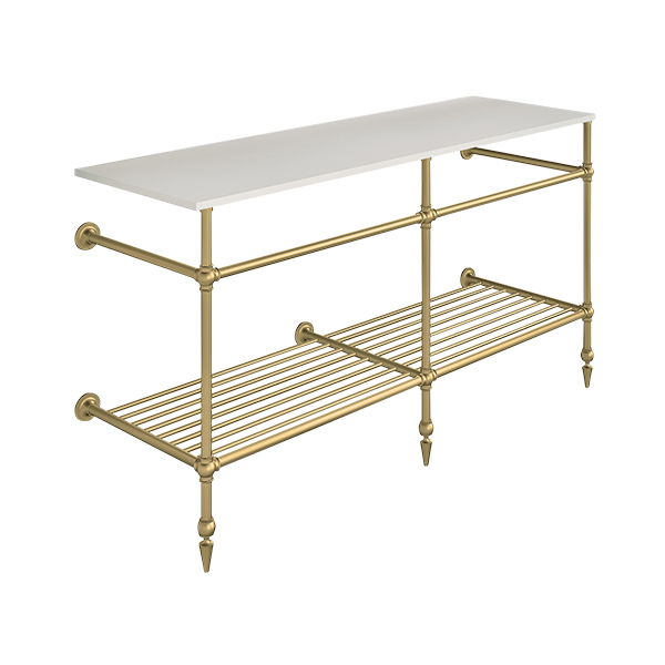 Ornate 3 leg double basin stand for benchtop. Pointed feet & shelf. W1500 x D540 x H880