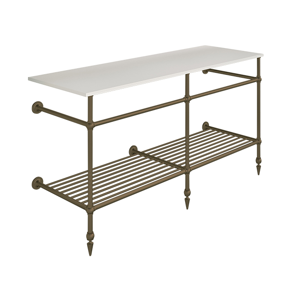 Traditional 3 leg double basin stand for benchtop. Pointed feet & shelf. W1500 x D540 x H880