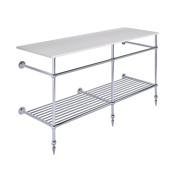 Traditional 3 leg double basin stand for benchtop. Pointed feet & shelf. W1500 x D540 x H880