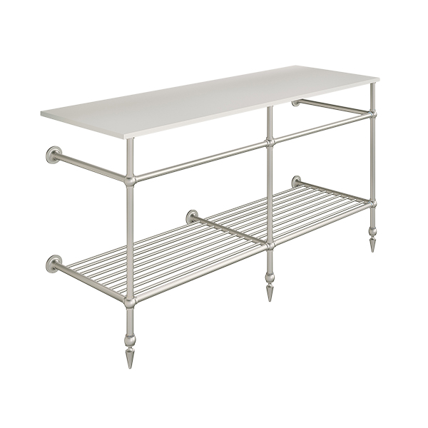 Traditional 3 leg double basin stand for benchtop. Pointed feet & shelf. W1500 x D540 x H880