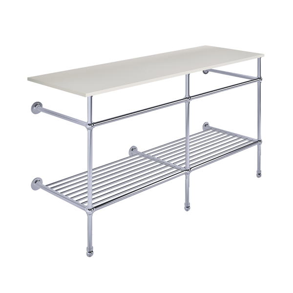 Traditional 3 leg double basin stand for benchtop. Ball feet & shelf. W1500 x D540 x H880