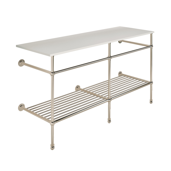 Traditional 3 leg double basin stand for benchtop. Ball feet & shelf. W1500 x D540 x H880