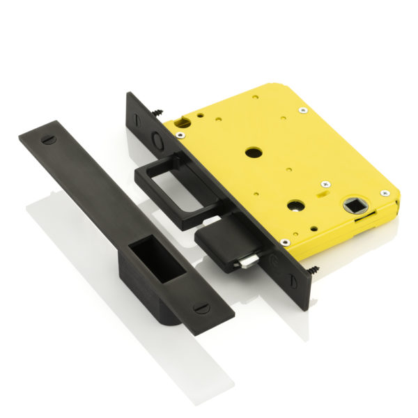 Yellow pull & lock pocket sliding door end pull with privacy hook lock