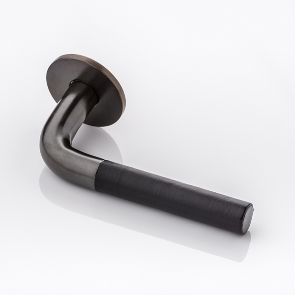 Darton solid brass door lever handle with hand stitched leather & round rose