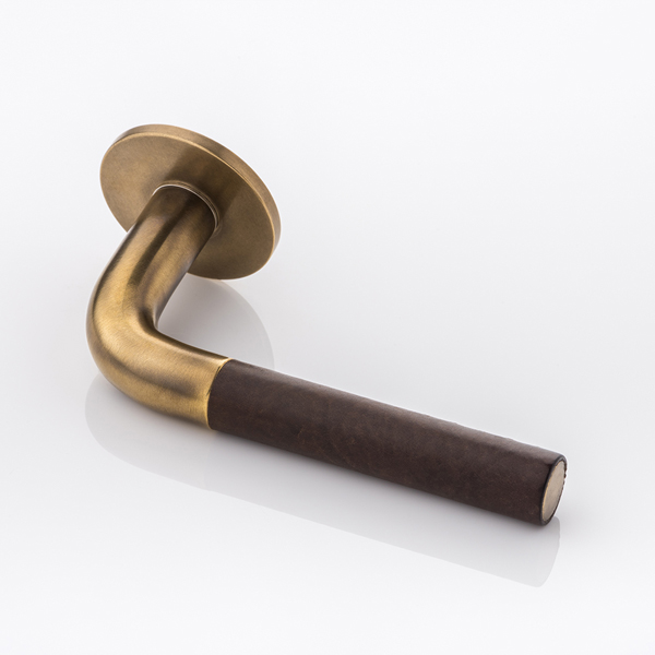 Darton solid brass door lever handle with hand stitched leather & round rose